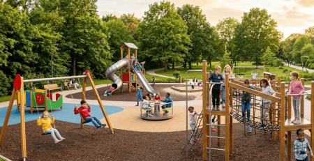 Parque infantil público moderno con niños jugando en columpios y estructuras de escalada bajo supervisión familiar.