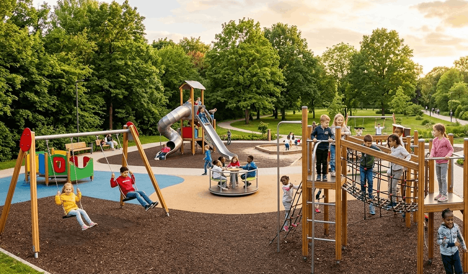 Parque infantil público moderno con niños jugando en columpios y estructuras de escalada bajo supervisión familiar.